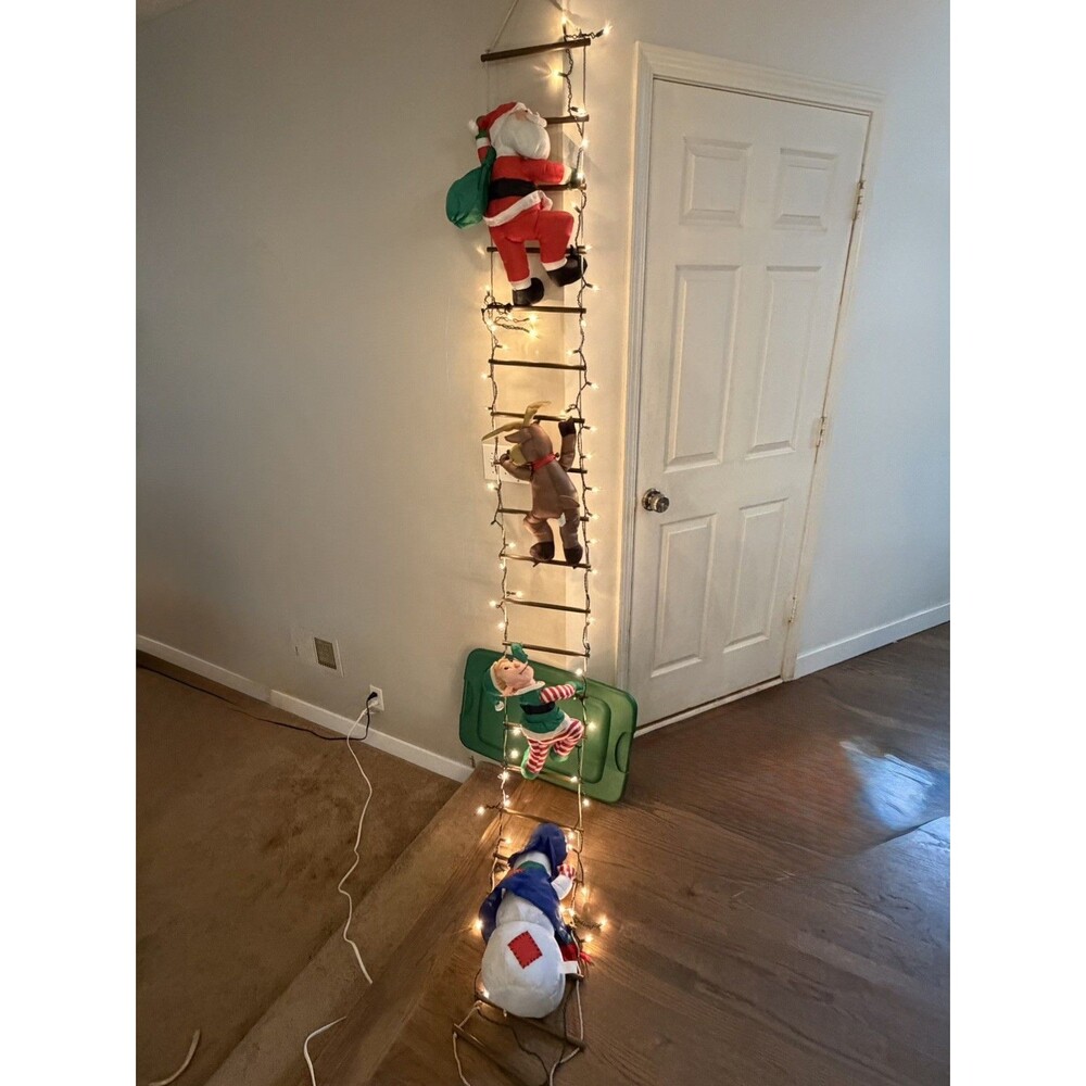 8' SANTA REINDEER ELVES FROSTY CLIMBING LADDER & LIGHTS CHRISTMAS DECOR outside
